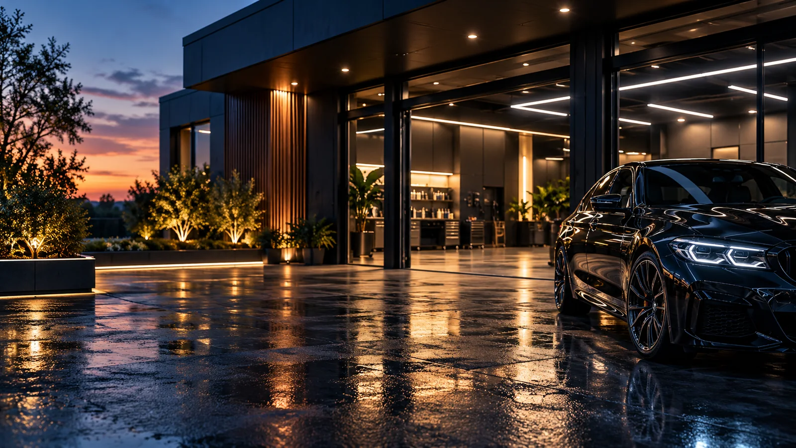 Exterior de un estudio premium de cuidado del automóvil al atardecer
