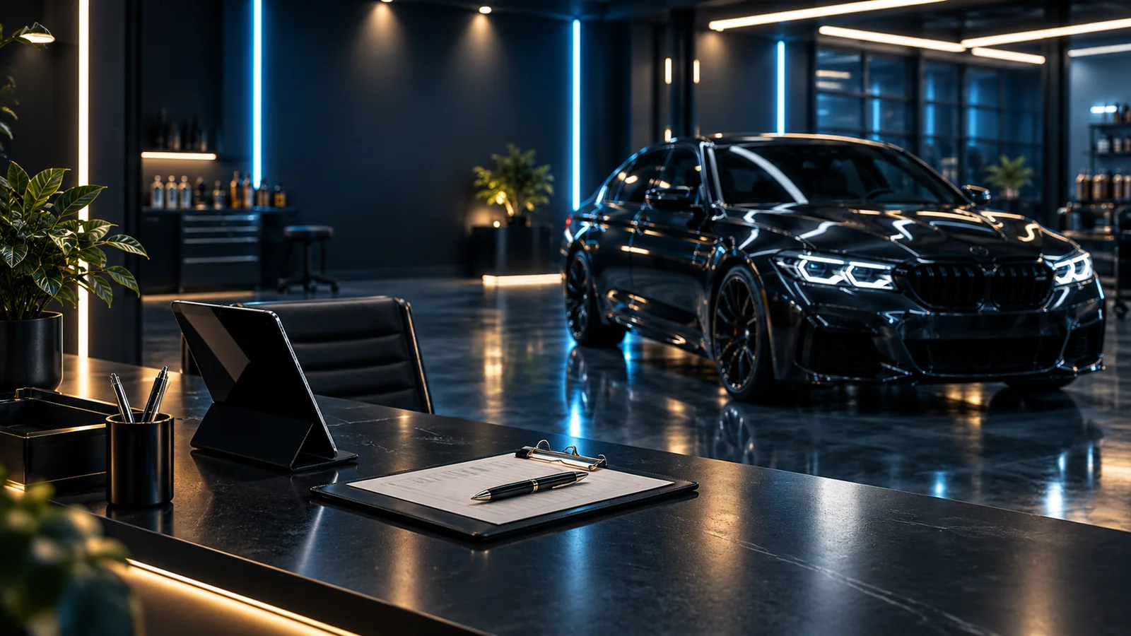 Recepción premium de un centro de detailing con coche brillante al fondo